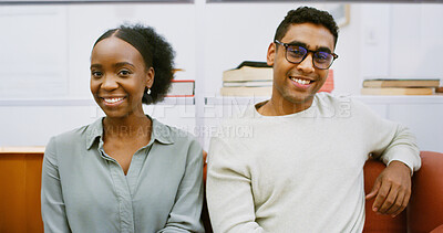 Buy stock photo Portrait, happy team and creative business people on sofa for collaboration with journalists. Man, woman and staff on couch with smile, startup and about us with news reporters in office lounge