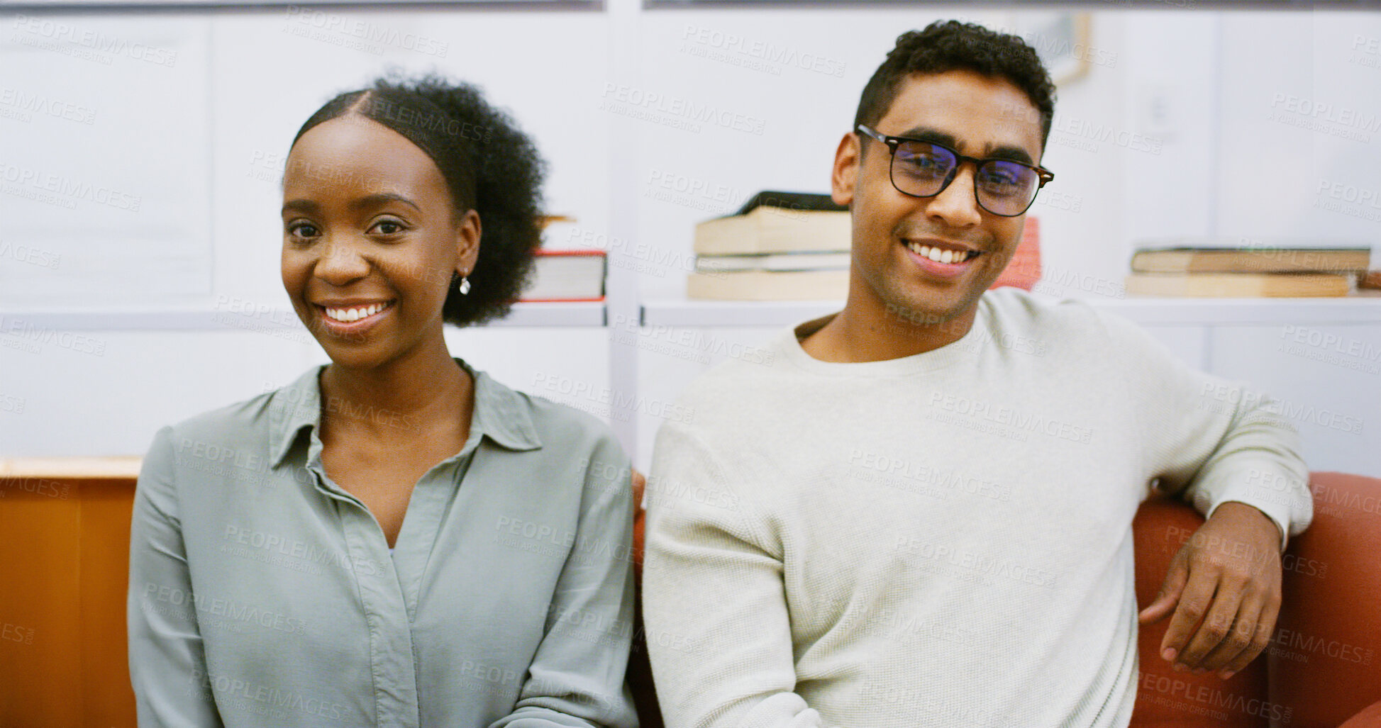 Buy stock photo Portrait, happy team and creative business people on sofa for collaboration with journalists. Man, woman and staff on couch with smile, startup and about us with news reporters in office lounge