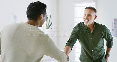 Buy stock photo Handshake, meeting and welcome with business people in office for greeting, partnership and support. Success, shaking hands and smile with men in creative agency for agreement, deal and thank you