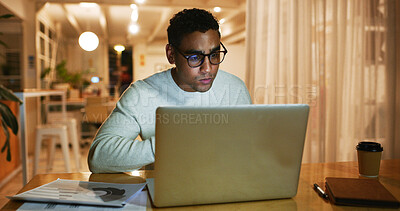 Buy stock photo Documents, laptop and web designer with business man in office at night for work on coding or programming. Computer, creative and reading with website programmer in workplace for evening deadline