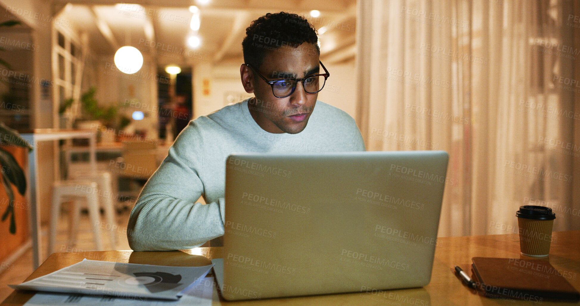 Buy stock photo Documents, laptop and web designer with business man in office at night for work on coding or programming. Computer, creative and reading with website programmer in workplace for evening deadline