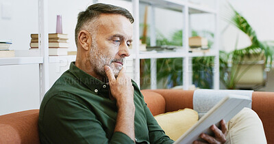 Buy stock photo Tablet, thinking and sofa with business man in office for project checklist, event manager and reflection. Program schedule, planning and email guest list with mature person for idea and vision