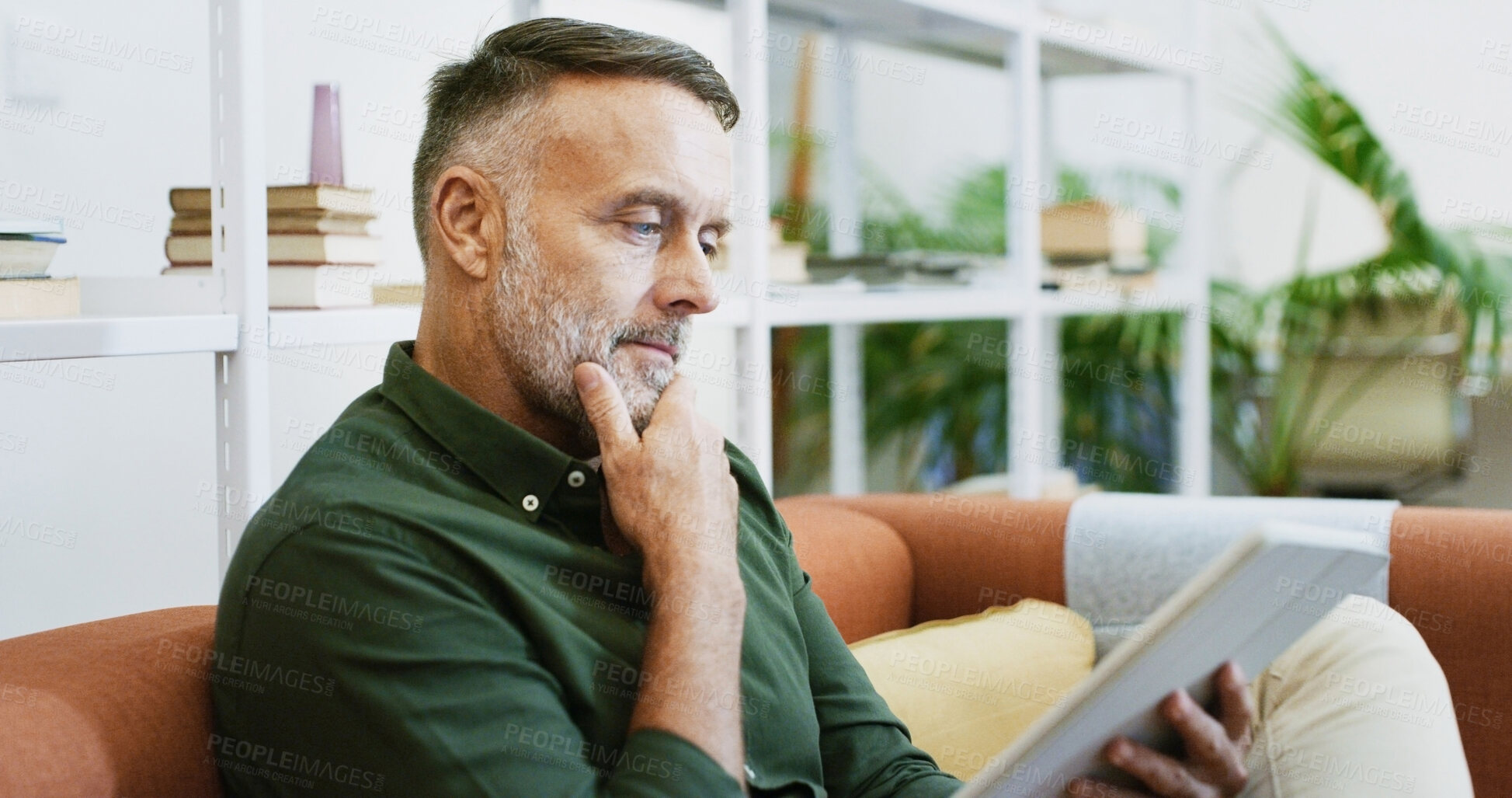 Buy stock photo Tablet, thinking and sofa with business man in office for project checklist, event manager and reflection. Program schedule, planning and email guest list with mature person for idea and vision