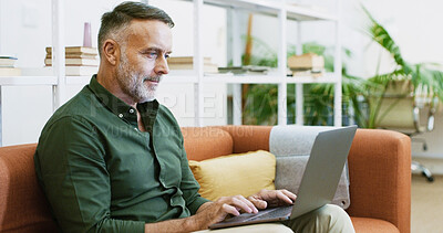 Buy stock photo Laptop, research and businessman in office with contact, communication or email for creative project. Technology, reading and mature male editor with online article for publishing with computer.