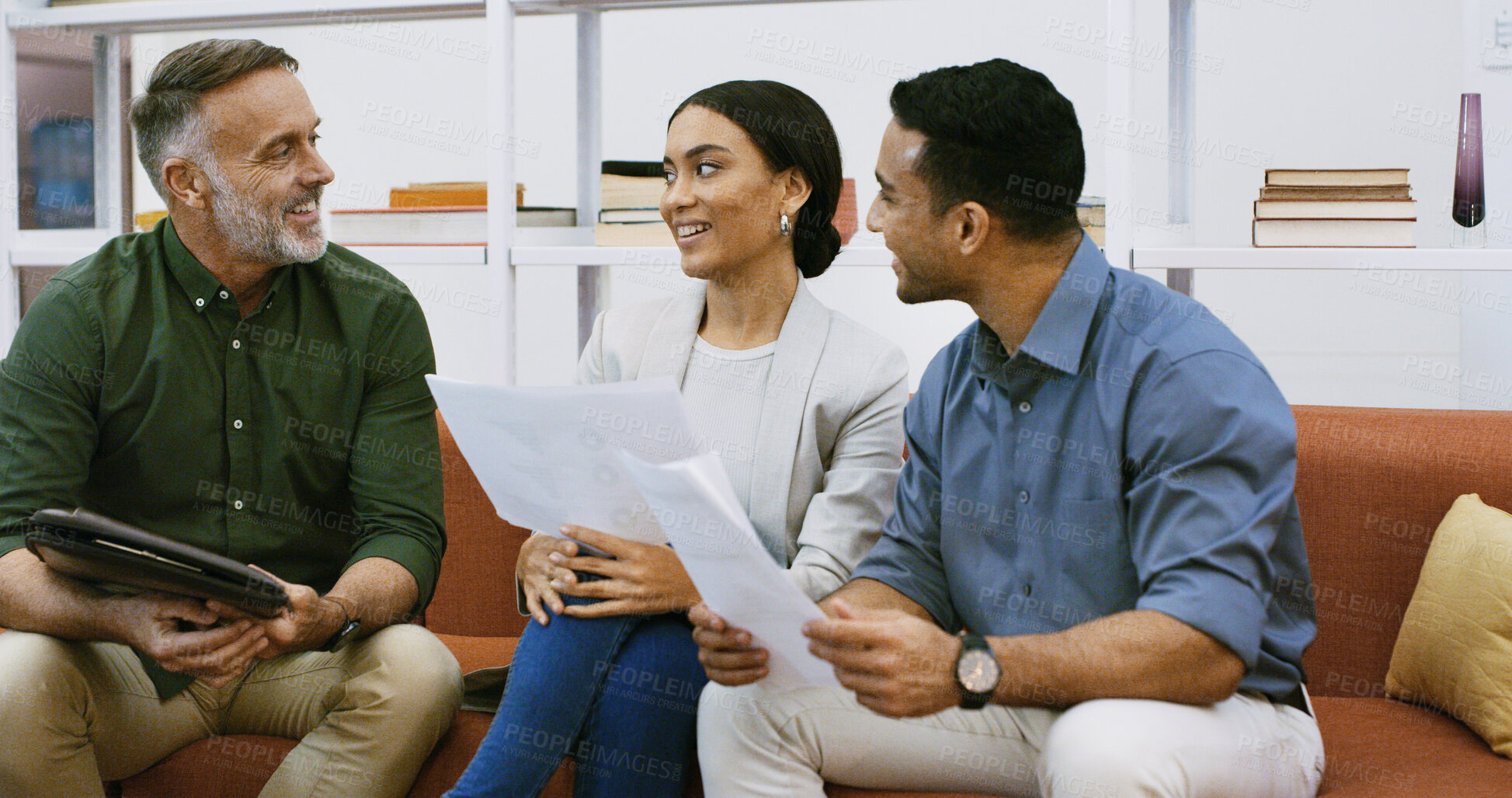 Buy stock photo Creative team, people and meeting for discussion in office for business proposal, idea or report. Tablet, document and employees with support for review or project management together in workplace