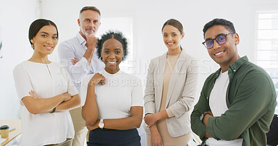 Buy stock photo Portrait, happy team and creative business people in office for collaboration with journalists. Group, arms crossed and staff together with confidence, our vision and about us with news reporters