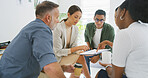 Group, people and meeting with document in office for discussion, planning and article feedback. Staff, journalist and reading paperwork for teamwork, story questions and information for publication
