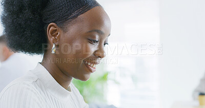 Buy stock photo Business, thinking and happy black woman in office for decision, insight and inspiration as writer. Smile, reflection and editor with creative idea, vision and planning in workplace with space