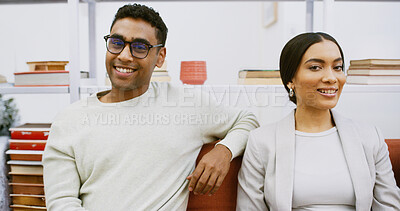 Buy stock photo Portrait, team and creative business people on sofa for collaboration with journalists. Smile, couch and staff together with confidence, happiness or about us with news reporters in office lounge