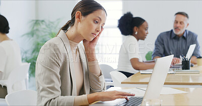 Buy stock photo Laptop, thinking and bored with business woman in office for project proposal, event manager and burnout. Program schedule, planning and creative agency with exhausted person for tired coworking idea