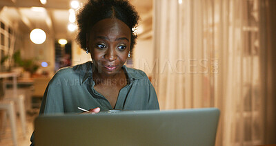 Buy stock photo Laptop, eating and business woman with shock for news story, wtf or wow in office at night. Surprise, overtime and black person reading email for article headline, journalism or info online with food