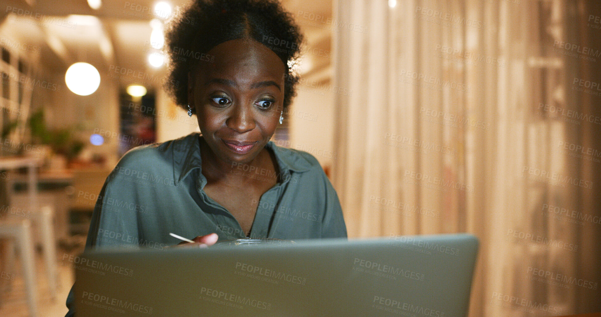 Buy stock photo Laptop, eating and business woman with shock for news story, wtf or wow in office at night. Surprise, overtime and black person reading email for article headline, journalism or info online with food
