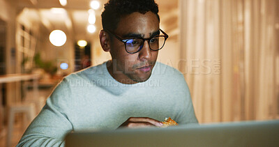 Buy stock photo Fast food, laptop and web designer with business man in office at night for coding or programming at bokeh. Computer, creative and eating with website programmer in workplace for evening deadline