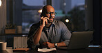 Night, employee and man in office, phone call and financial advice for contact, accountant and chat. Working late, consultant and person with mobile for dead, laptop and plan for deadline in business