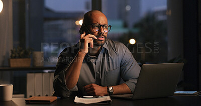 Buy stock photo Night, employee and man in office, phone call and financial advice for contact, accountant and chat. Working late, consultant and person with mobile for networking, laptop and deadline in business