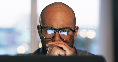 Buy stock photo Thinking, night or man in office for reading error, research or troubleshooting solution. Glasses, late and serious developer with glitch on laptop technology for decision, problem solving or review