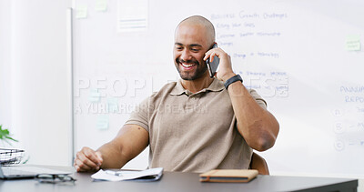Buy stock photo Man, phone call and smile with communication, idea and notes for project management in office. Person, editor and proposal with laptop, feedback or review process with report at creative agency