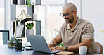 Office, employee and man with laptop, typing and smile for troubleshooting, glasses and code review. Business, software engineer and person with reflection on eyewear, happy and cybersecurity on web