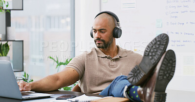Buy stock photo Business man, laptop and music for task, break or finished with podcast or video. Headphones, consultant and creative agent with audio, streaming and rest for project management idea or thinking