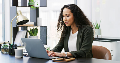 Buy stock photo Typing, online and woman with laptop, office and plan for lawsuit, lawyer and legal services on web. Happy, attorney and person with tech for research, employee and preparing for case in law firm