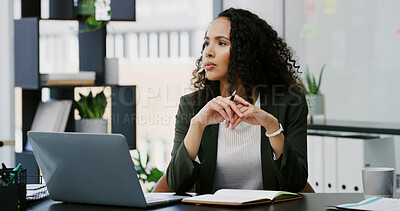 Buy stock photo Thinking, employee and woman with laptop, office and planning for lawsuit, lawyer and legal service. Reflection, attorney and preparing for case with tech for justice, corporate or person in law firm