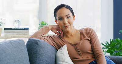 Buy stock photo Portrait, relax and woman on couch, home and break in living room, smile and confident in apartment. Calm, person and resting on sofa in lounge, positive attitude and comfortable on weekend in house