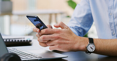 Buy stock photo Phone, chat and hands of business person in office for investment app, communication and account review. Contact, online portfolio and trading website with employee in agency for scroll and research