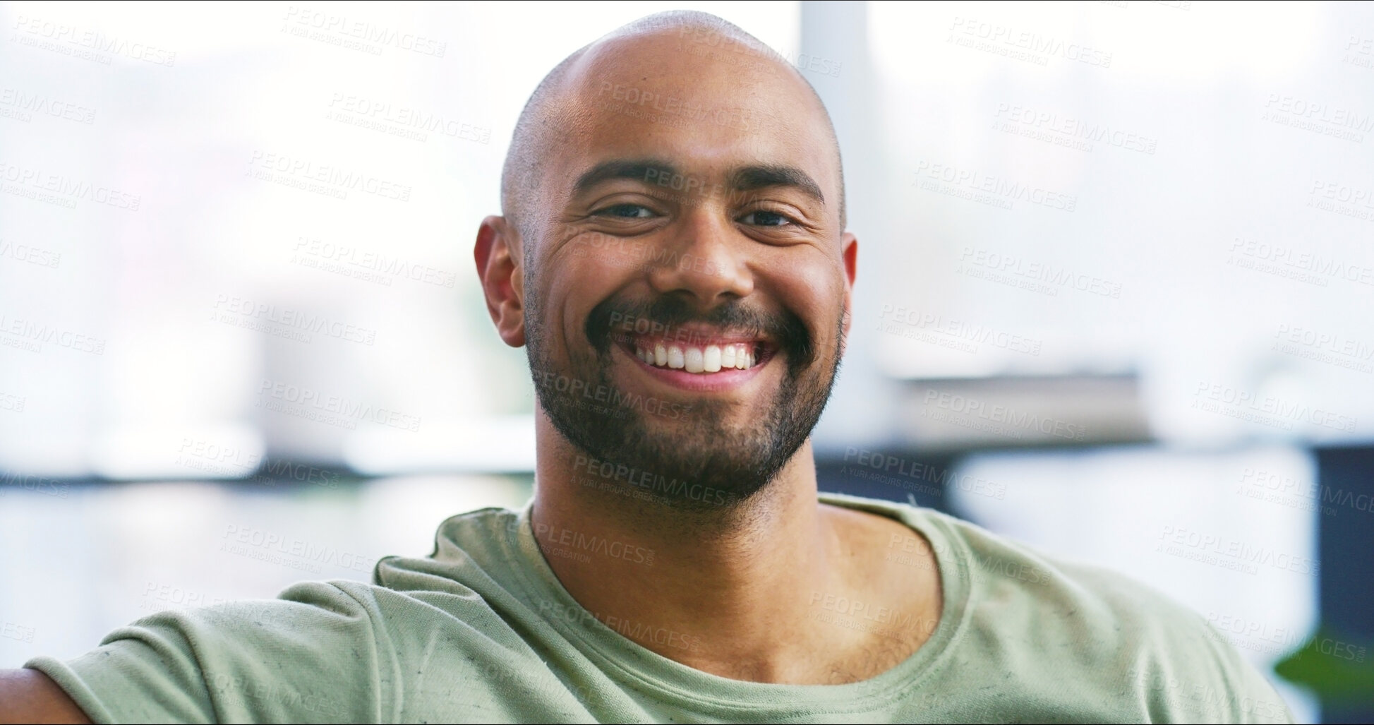 Buy stock photo Happy man, portrait or relax with confidence for weekend stay, rest or chill in home. Male person, beard or smile with positive attitude or relief for day off, comfort or break in apartment or house