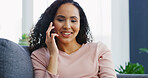 Phone call, happy and woman on sofa in home with communication, connectivity or networking. Smile, cellphone and female person on mobile conversation for contact or gossip in living room at apartment
