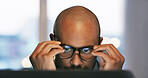 Glasses, night or man in office for reading error, research or troubleshooting solution. Eyewear, late and serious developer with glitch on laptop technology for decision, problem solving or review