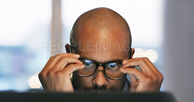 Buy stock photo Glasses, night or man in office for reading screen, research or troubleshooting solution. Eyewear, late and serious developer with cybersecurity on technology for decision, problem solving or review