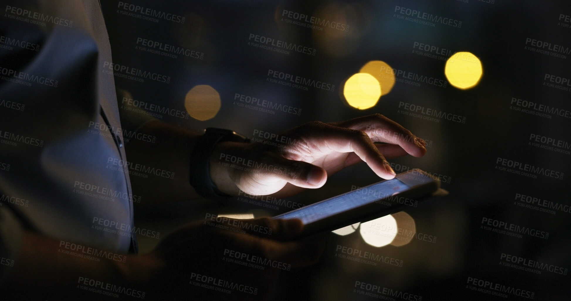 Buy stock photo Tablet, typing and hands of business person in office for investment app, communication and night. Contact, online portfolio and trading deadline with employee in agency for bokeh, account and chat