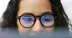 Laptop, reflection and glasses with business woman in office for research, blog writer and journalist. Article column, planning and reading with person in agency for story editor and publish schedule
