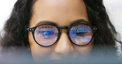 Buy stock photo Laptop, reflection and glasses with business woman in office for research, blog writer and journalist. Article column, planning and reading with person in agency for story editor and publish schedule