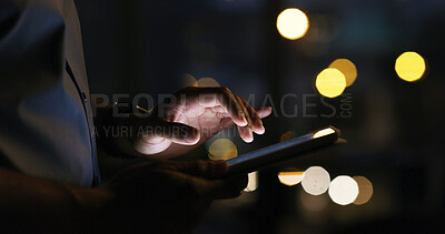 Buy stock photo Tablet, night and hands of business person in office for investment app, communication or account review. Digital, online portfolio and trading deadline with employee in agency for bokeh and research