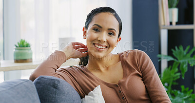 Buy stock photo Portrait, break and woman on couch, home and happy in living room, relax and confident in apartment. Calm, person and resting on sofa in lounge, positive attitude and comfortable on weekend in house