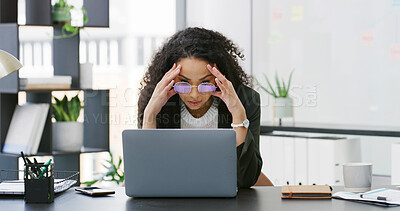 Buy stock photo Business, headache and woman in office, laptop and tired with fatigue, financial agency and exhausted. Stress, person and employee in workplace, pc or migraine with anxiety, pressure and bankruptcy