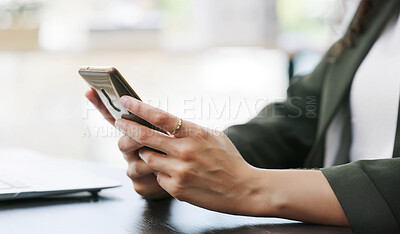 Buy stock photo Phone, research and hands of business woman in office for investment app, communication and account review. Contact, online portfolio and trading website with employee in agency for scroll and chat