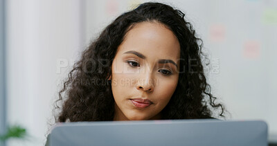 Buy stock photo Serious, employee and woman with laptop, office and planning for lawsuit, lawyer and legal services. Computer, attorney and preparing for case with tech for justice, corporate or person in law firm