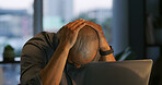 Business, headache and man in office, laptop and tired with fatigue, journalist and pressure. Stress, person and employee in workplace, computer or migraine with anxiety, exhausted or editing mistake