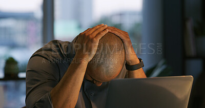 Buy stock photo Business, headache and man in office, laptop and tired with fatigue, journalist and pressure. Stress, person and employee in workplace, computer or migraine with anxiety, exhausted or editing mistake
