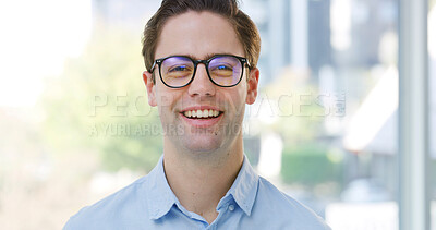 Buy stock photo Portrait, business and man with smile in office for about us, career pride and property development. Happy, male person or glasses with ambition, real estate agent and expansion of resale opportunity