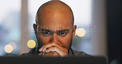 Buy stock photo Thinking, laptop or businessman in office for reading error, research or troubleshooting solution. Bokeh, serious developer or 404 glitch on technology for decision, problem solving or email review