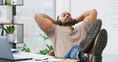 Buy stock photo Business man, relax and music for task, break or finished with podcast or video. Headphones, consultant and creative agent with audio, streaming and rest for project management idea or thinking