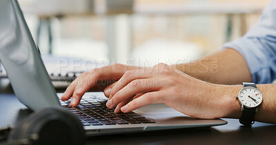 Buy stock photo Hands, person and typing on laptop in office for research, editing article and proofreading. Journalist, keyboard and pc for fact check, editor feedback and story information for publication schedule