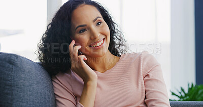 Buy stock photo Phone call, smile and woman on sofa in home with communication, connectivity or networking. Happy, cellphone and female person on mobile conversation for contact or gossip in living room at apartment