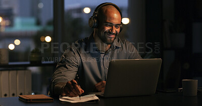 Buy stock photo Man, laptop and night with research, video and notes for project management deadline in office. Bokeh, editor and computer with reading, feedback or positive review with overtime at creative agency
