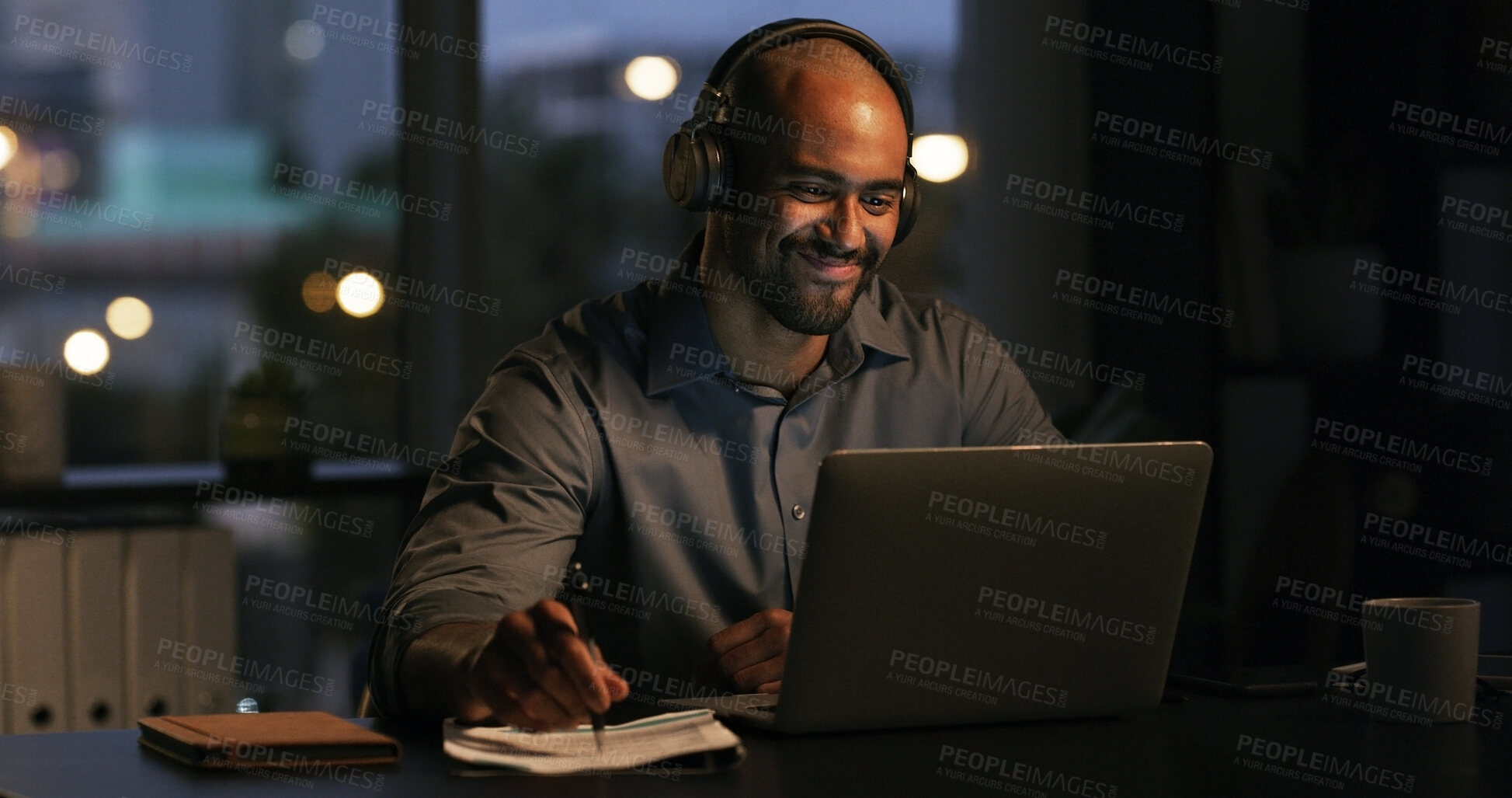 Buy stock photo Man, laptop and night with research, video and notes for project management deadline in office. Bokeh, editor and computer with reading, feedback or positive review with overtime at creative agency