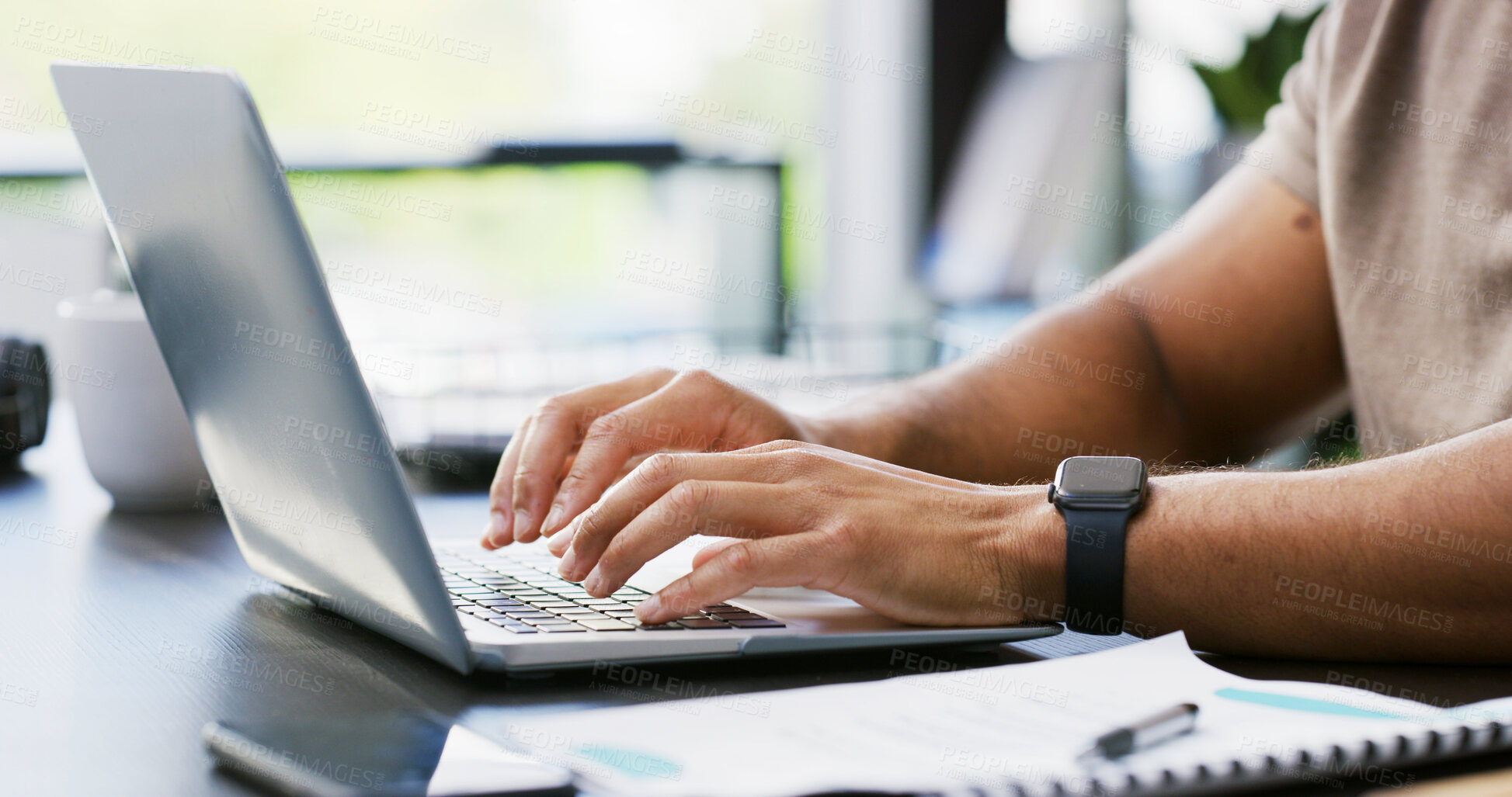 Buy stock photo Laptop, typing and hands with business person in office for research, blog writer and journalist. Article column, planning and update with employee in agency for story editor and publish schedule