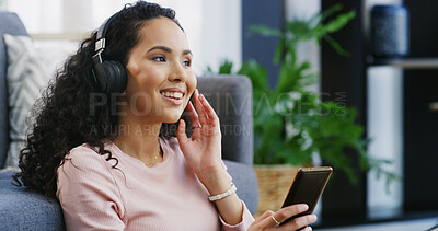 Buy stock photo Happy woman, headphones and listening with phone to music for audio streaming or sound in home. Female person, relax or smile with mobile smartphone for playlist, podcast app or subscription in house